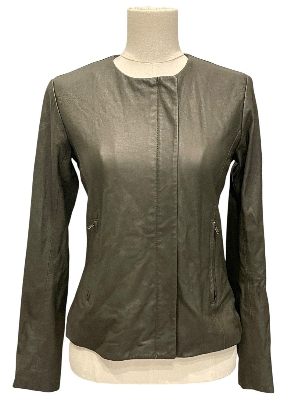 THEORY Women’s Olive Green Leather Jacket - Sleek Zip Pocket Coat 2